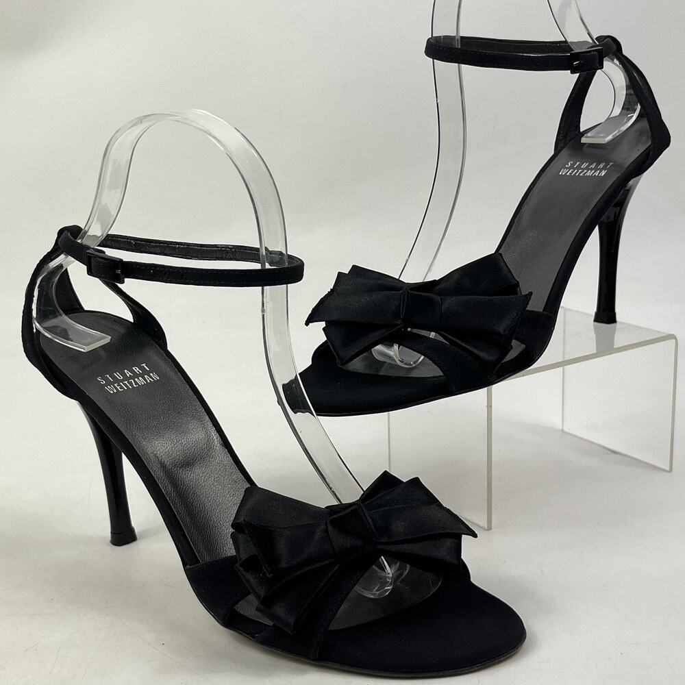 Stuart Weitzman Womens Heels Sandals Sz8 N Black Satin Bow Stiletto Party Shoe